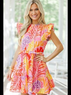 FATE Vibrant Tropical Ruffle Mini Dress - Pink, Orange, Yellow, Purple
